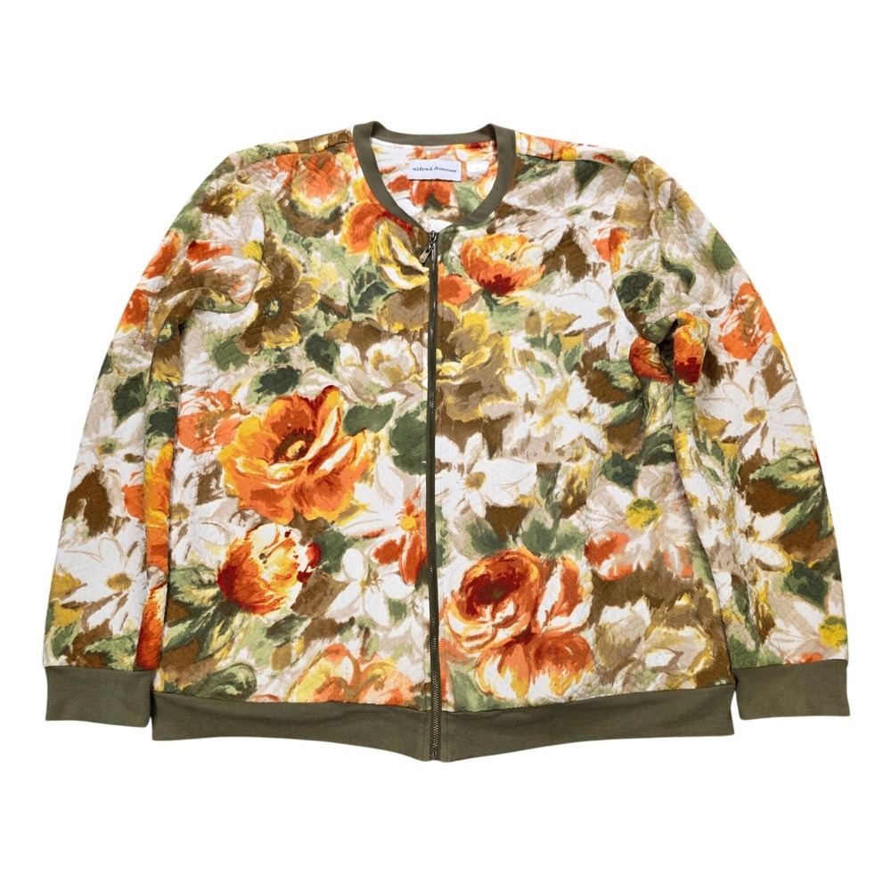 Alfred Dunner Floral Quilted Zip Up Bomber Jacket Women's Size 14 Olive Orange